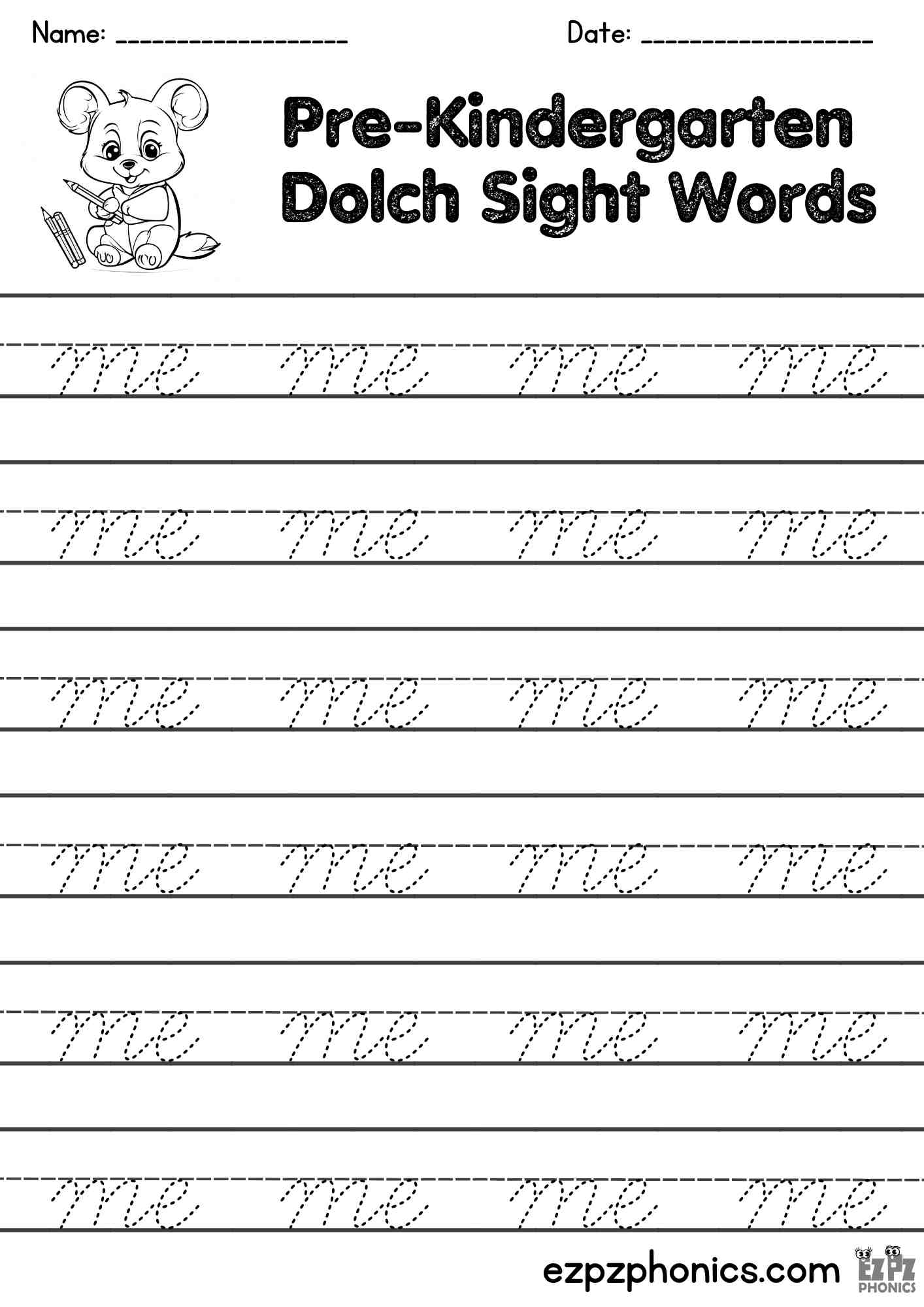 The Word Me Cursive Writing Practice – Pre-K Dolch Sight Words Free PDF Download